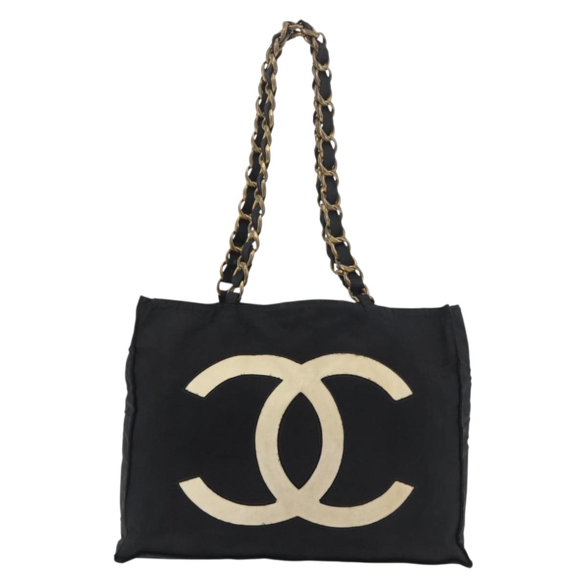 CHANEL COCO Mark Chain Tote Bag Nylon Black Gold CC Auth 165069