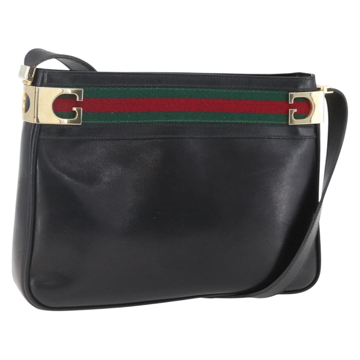 GUCCI Web Sherry Line Shoulder Bag Leather Black Red Green Auth 165070V