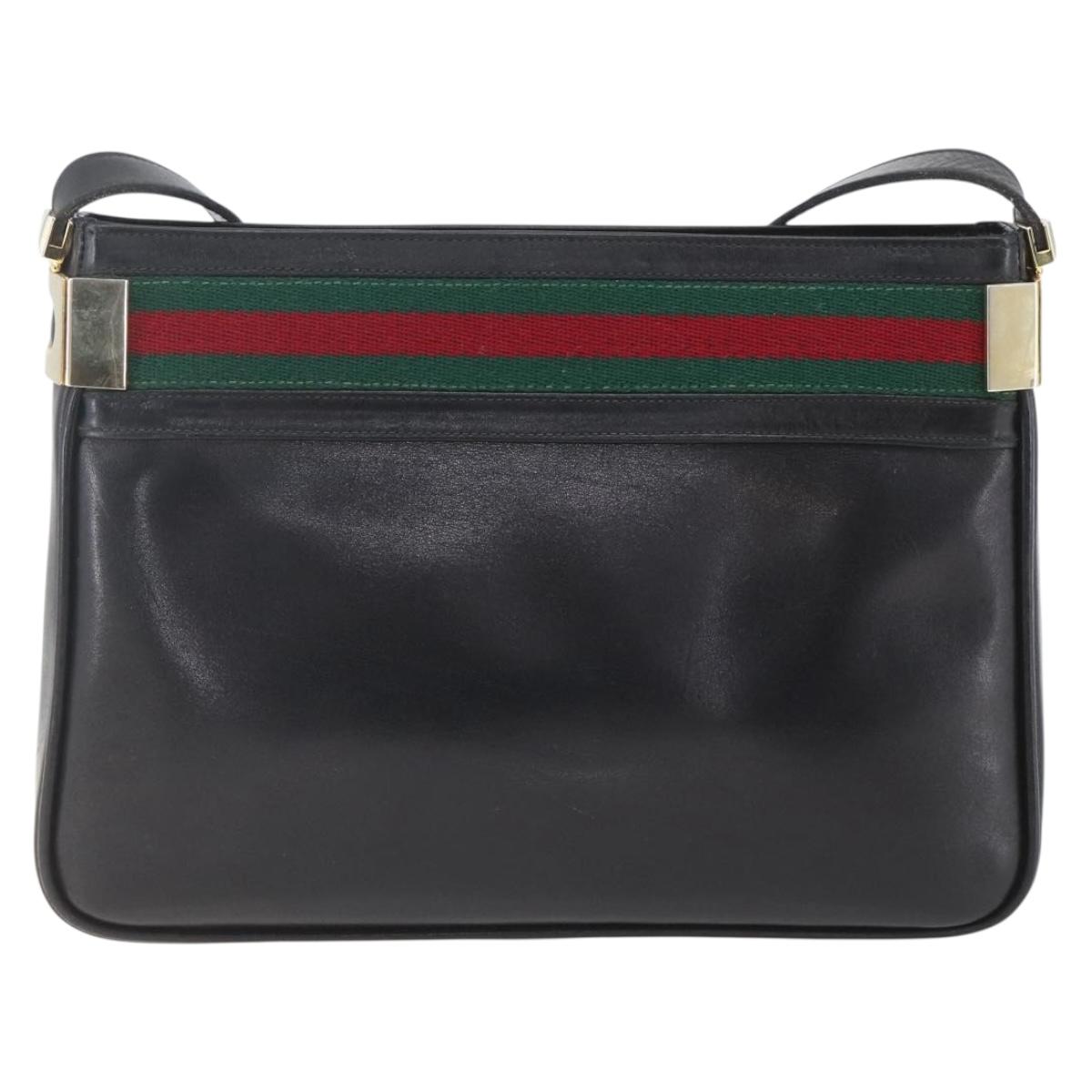 GUCCI Web Sherry Line Shoulder Bag Leather Black Red Green Auth 165070V