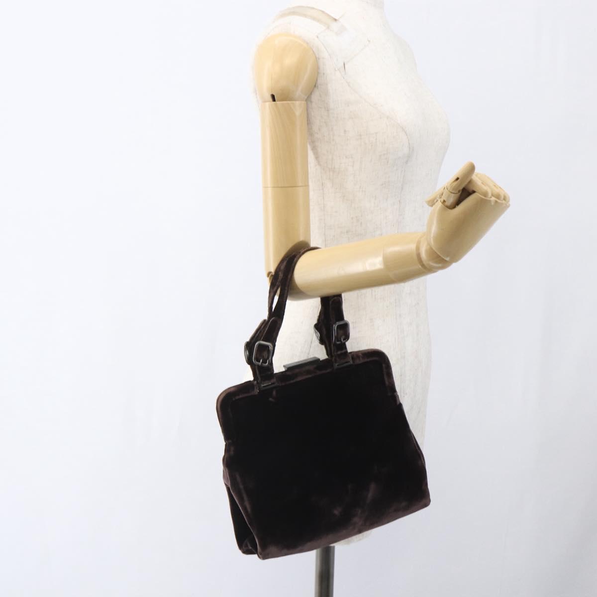 PRADA Hand Bag Velor Brown Silver Auth 165076