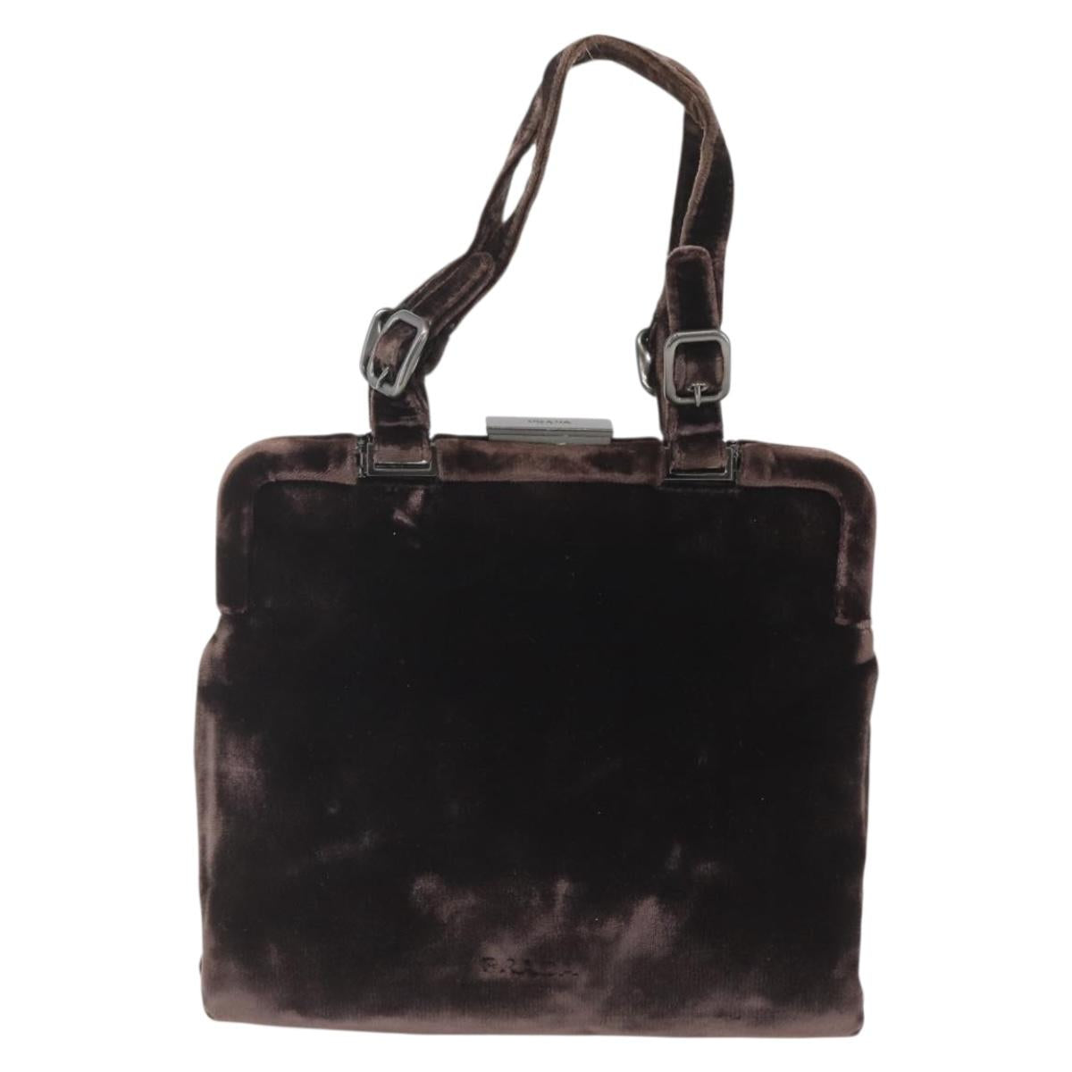 PRADA Hand Bag Velor Brown Silver Auth 165076
