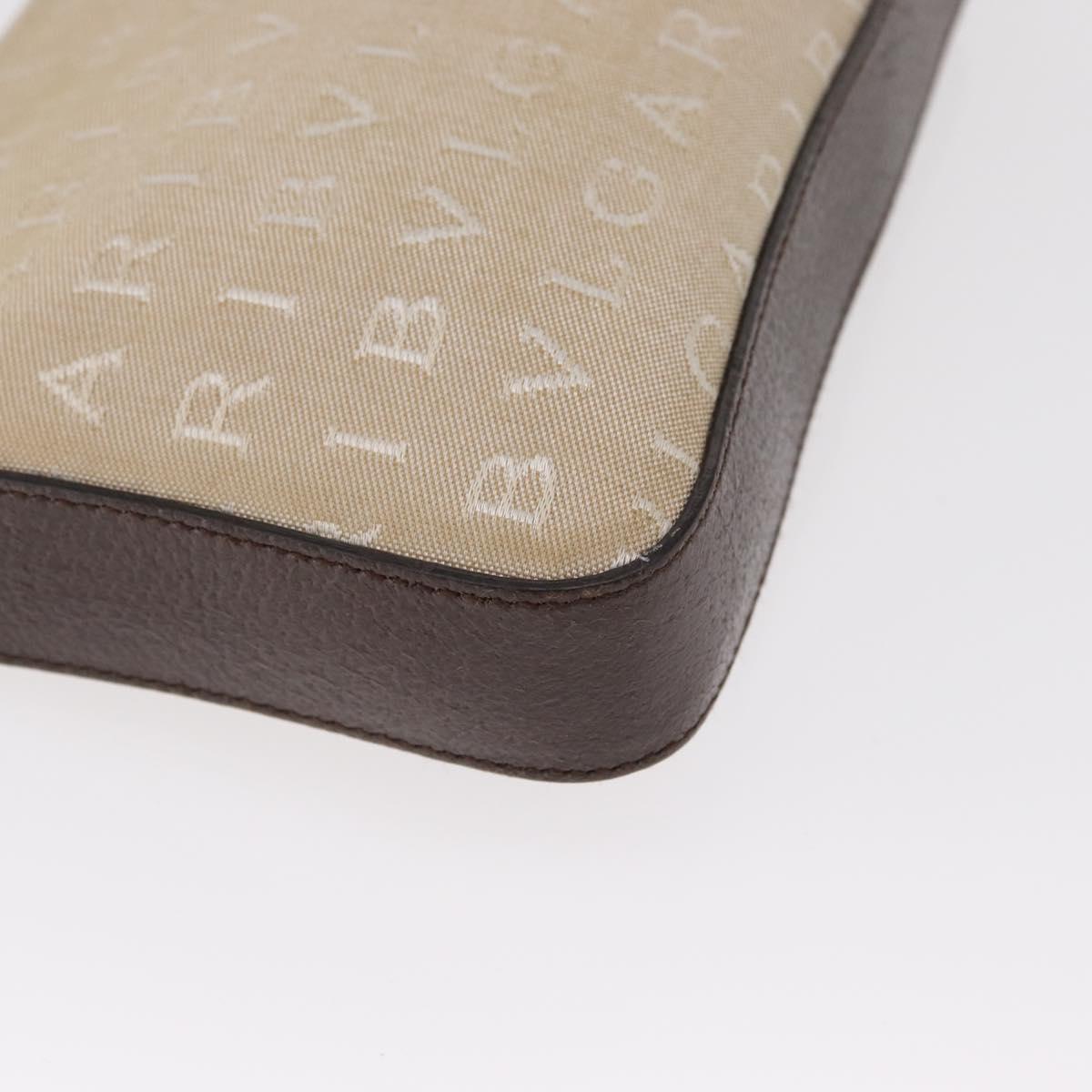 BVLGARI Logo Mania Hand Pouch Canvas Leather Beige Silver Auth 165077