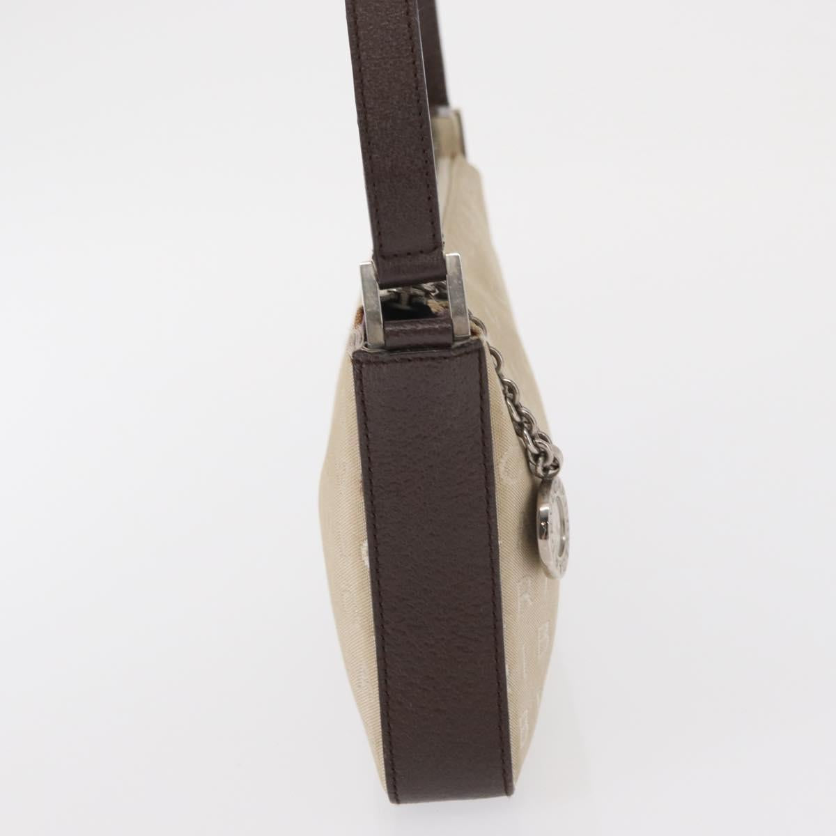 BVLGARI Logo Mania Hand Pouch Canvas Leather Beige Silver Auth 165077