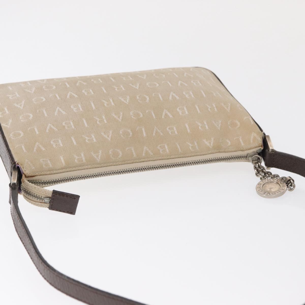 BVLGARI Logo Mania Hand Pouch Canvas Leather Beige Silver Auth 165077