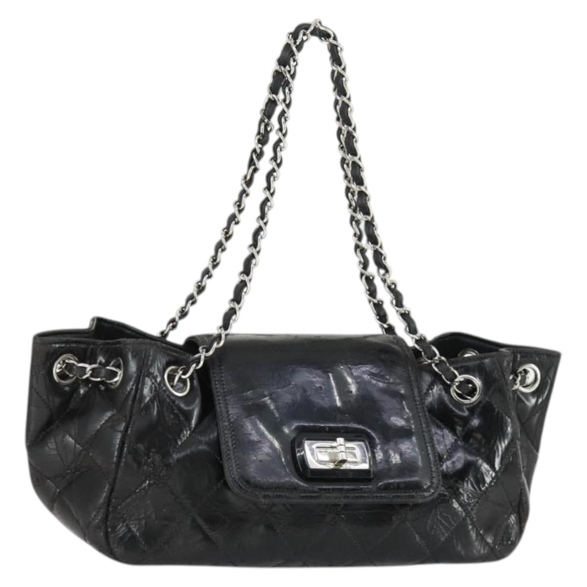 CHANEL Matelasse Hand Bag Patent leather Black Silver CC Auth 165093