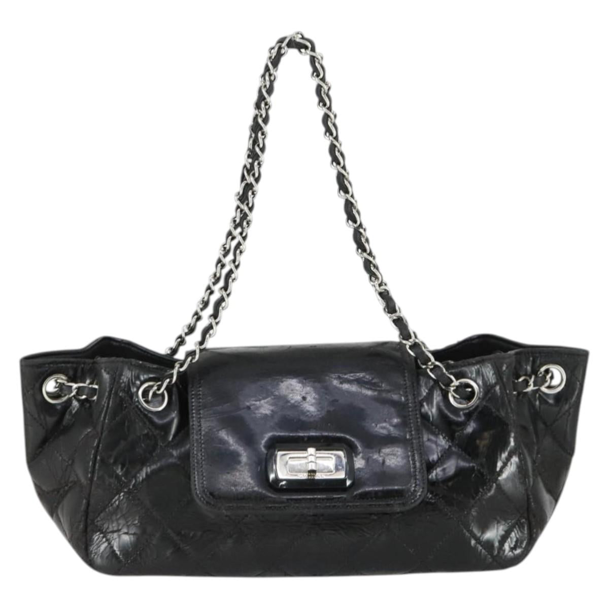 CHANEL Matelasse Hand Bag Patent leather Black Silver CC Auth 165093