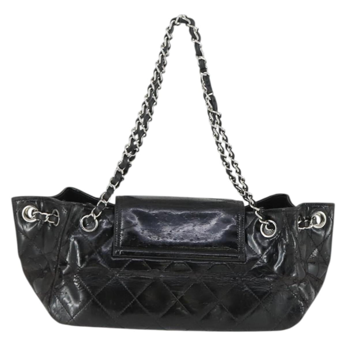 CHANEL Matelasse Hand Bag Patent leather Black Silver CC Auth 165093