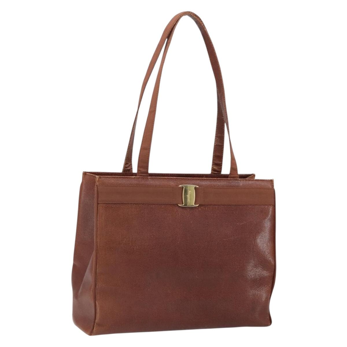 Salvatore Ferragamo Vala Tote Bag Leather Brown Gold Auth 165105