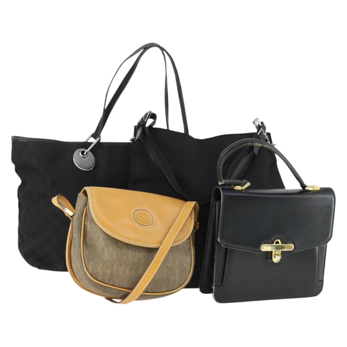 GUCCI GG Canvas Shoulder Bag Nylon Leather 4 Set Black Beige Auth 165149