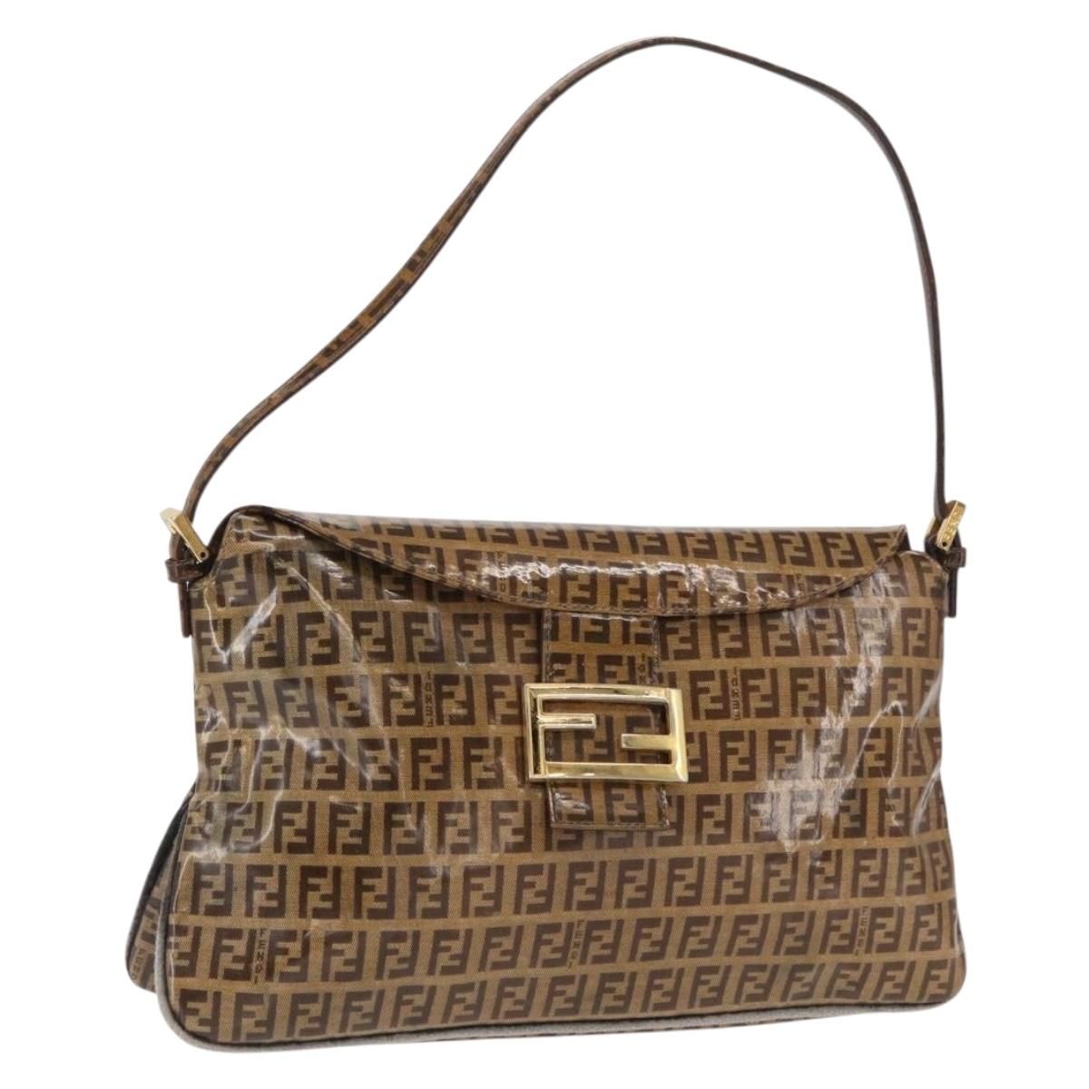 FENDI Zucchino Canvas Mamma Baguette Shoulder Bag PVC Brown Gold Auth 165168