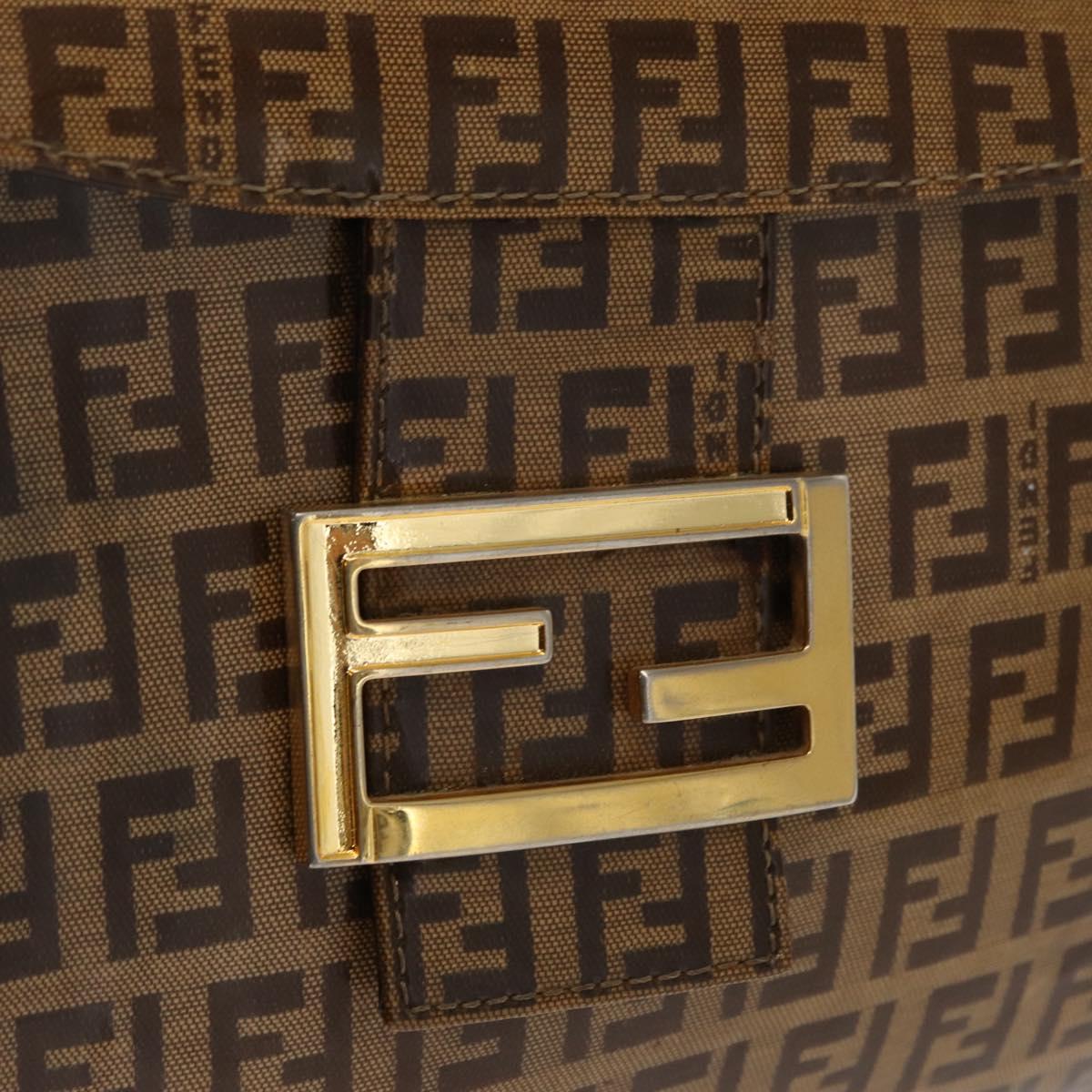 FENDI Zucchino Canvas Mamma Baguette Shoulder Bag PVC Brown Gold Auth 165168