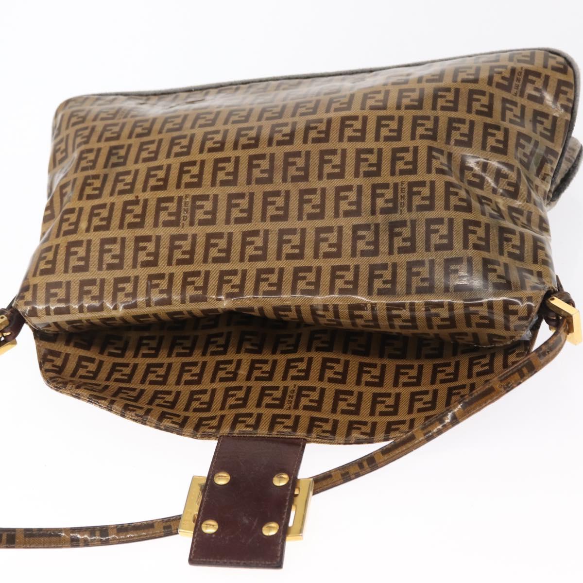 FENDI Zucchino Canvas Mamma Baguette Shoulder Bag PVC Brown Gold Auth 165168