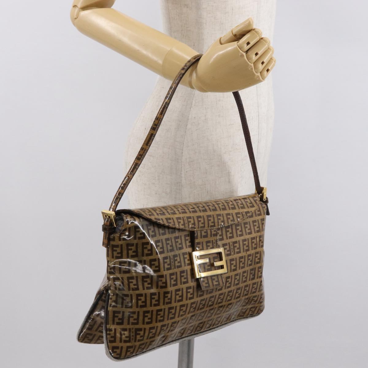 FENDI Zucchino Canvas Mamma Baguette Shoulder Bag PVC Brown Gold Auth 165168