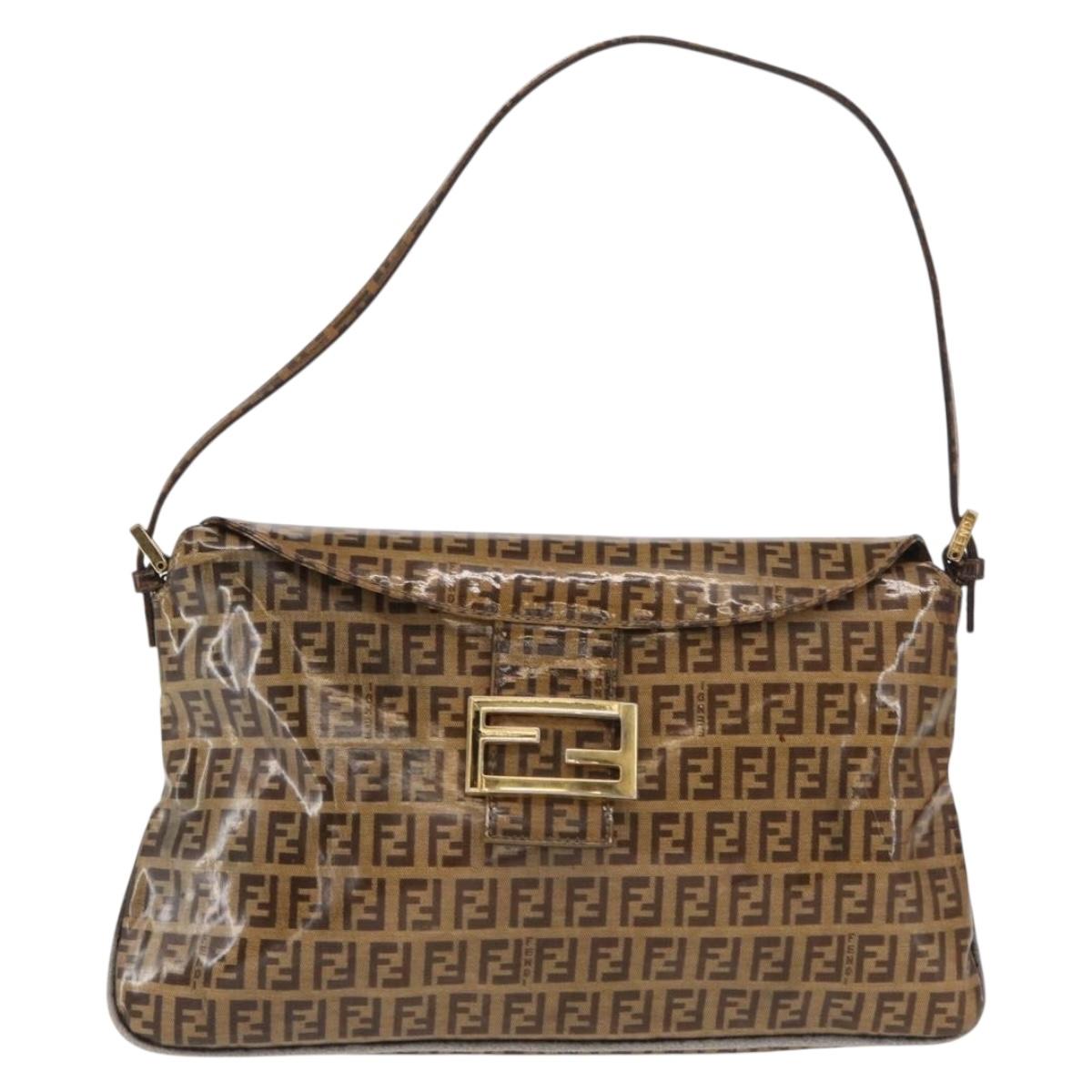 FENDI Zucchino Canvas Mamma Baguette Shoulder Bag PVC Brown Gold Auth 165168