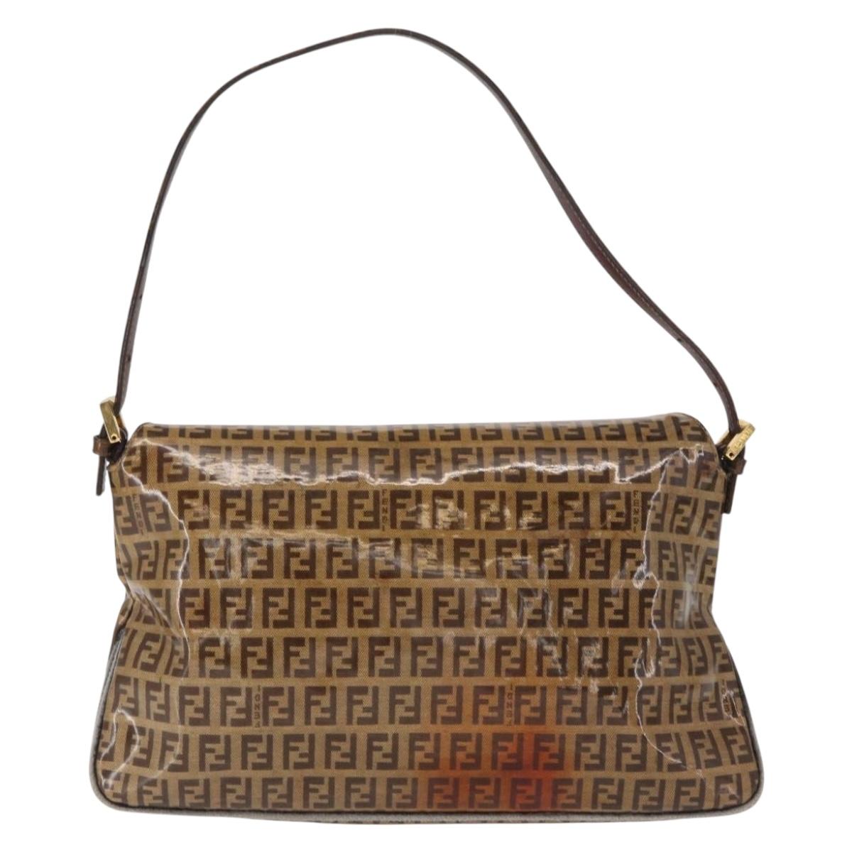 FENDI Zucchino Canvas Mamma Baguette Shoulder Bag PVC Brown Gold Auth 165168