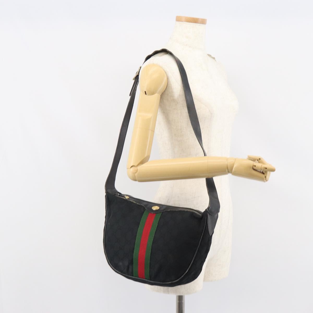 GUCCI GG Canvas Web Sherry Line Shoulder Bag Black Gold 010 378 Auth 165196