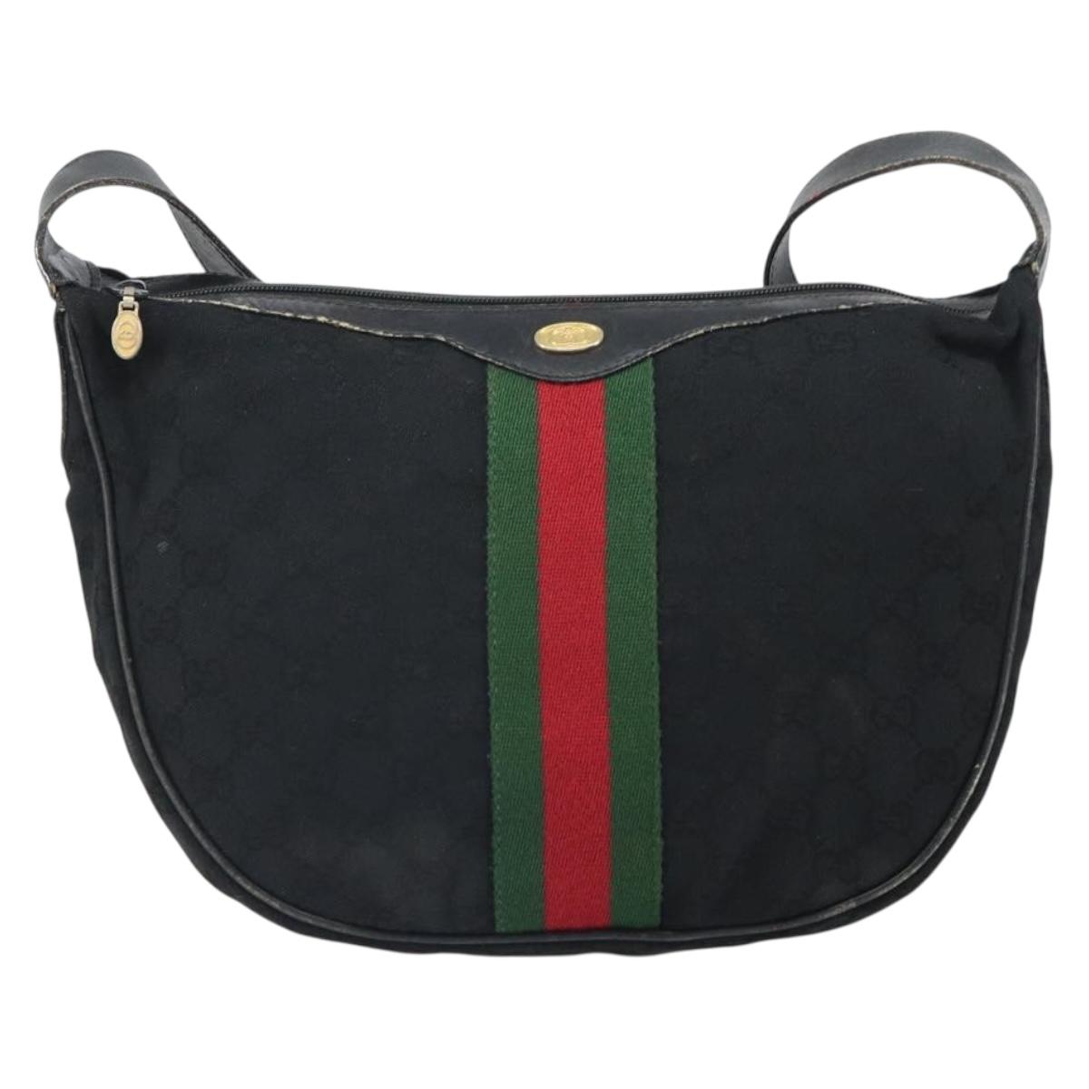 GUCCI GG Canvas Web Sherry Line Shoulder Bag Black Gold 010 378 Auth 165196