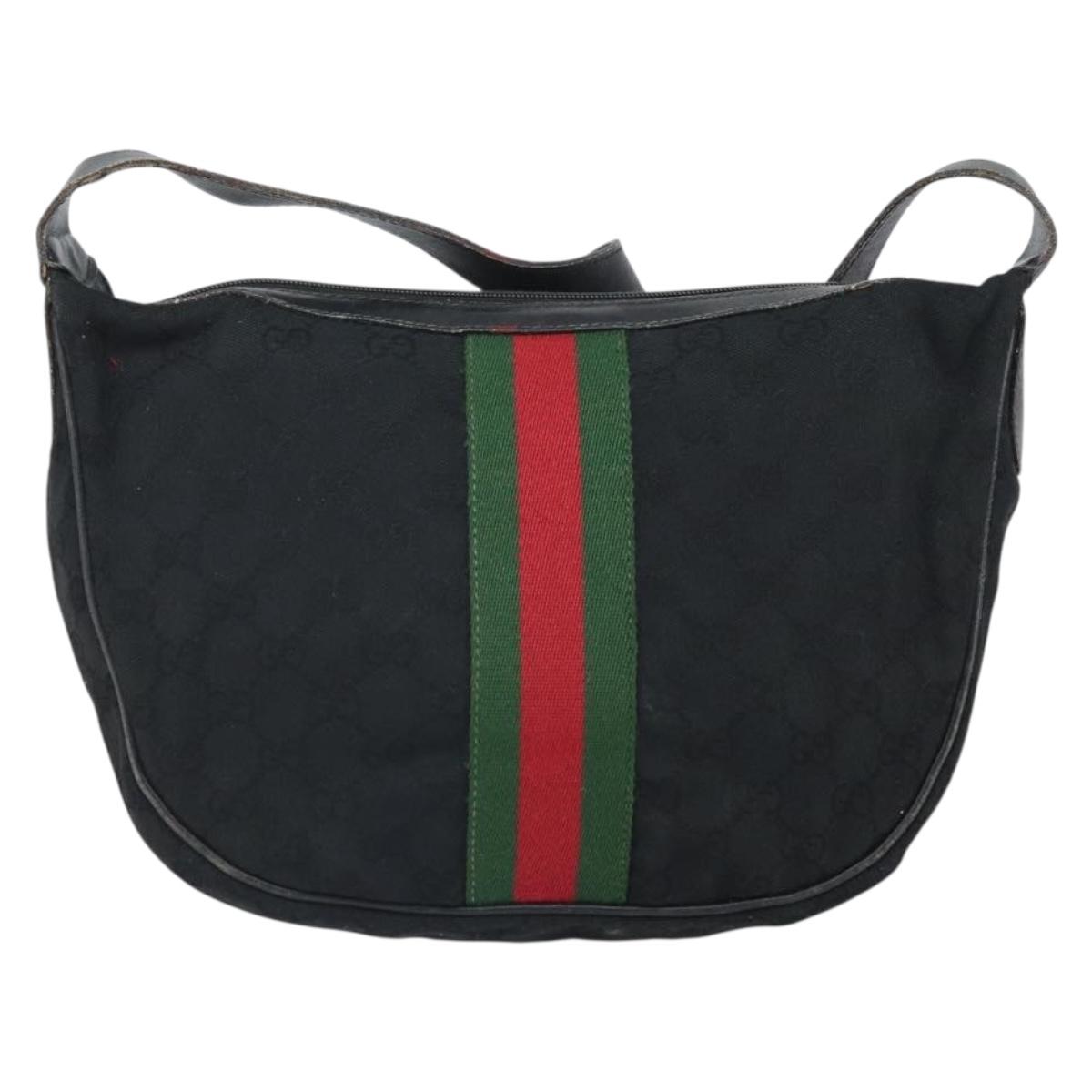 GUCCI GG Canvas Web Sherry Line Shoulder Bag Black Gold 010 378 Auth 165196