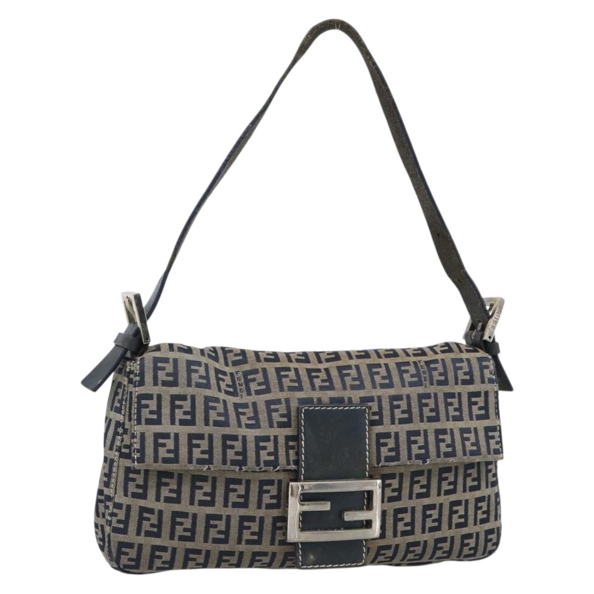 FENDI Zucchino Canvas Mamma Baguette Shoulder Bag Navy Silver Auth 165203