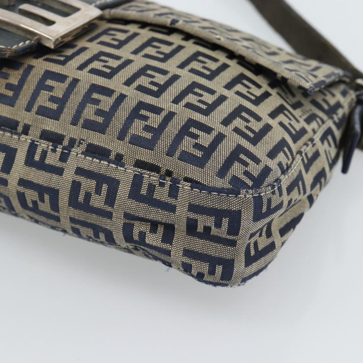 FENDI Zucchino Canvas Mamma Baguette Shoulder Bag Navy Silver Auth 165203