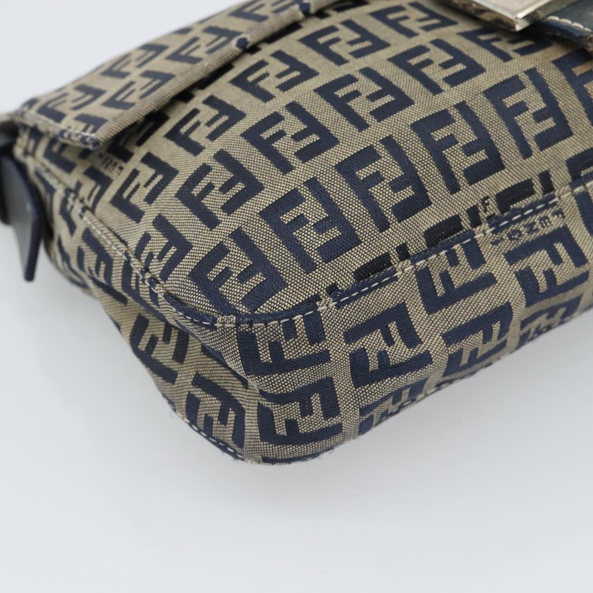 FENDI Zucchino Canvas Mamma Baguette Shoulder Bag Navy Silver Auth 165203
