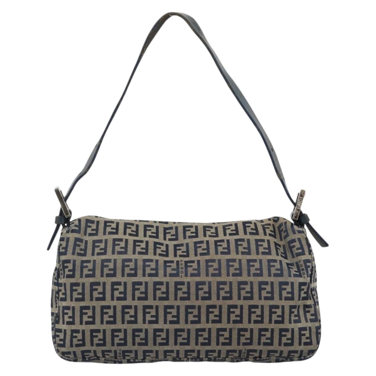 FENDI Zucchino Canvas Mamma Baguette Shoulder Bag Navy Silver Auth 165203