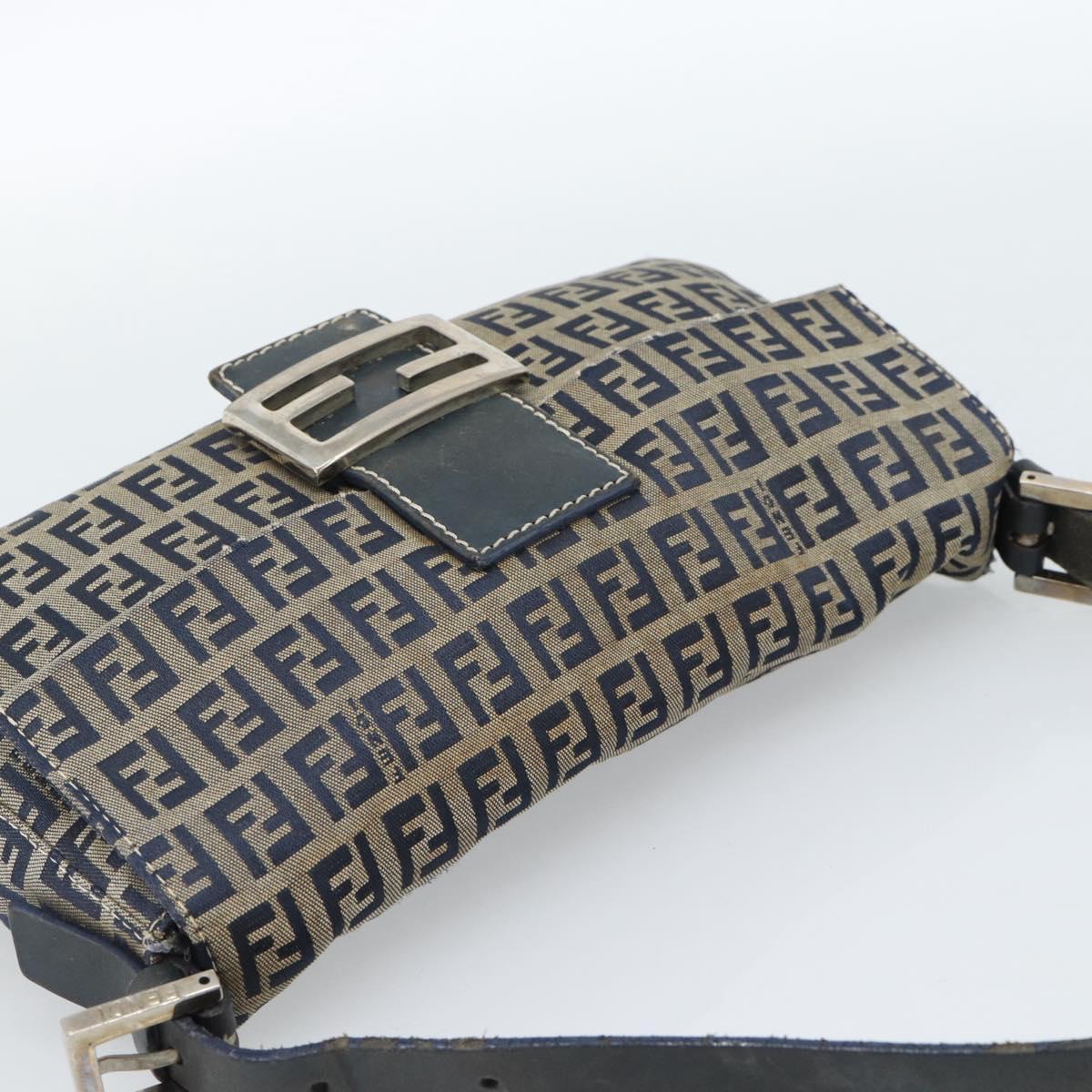 FENDI Zucchino Canvas Mamma Baguette Shoulder Bag Navy Silver Auth 165203