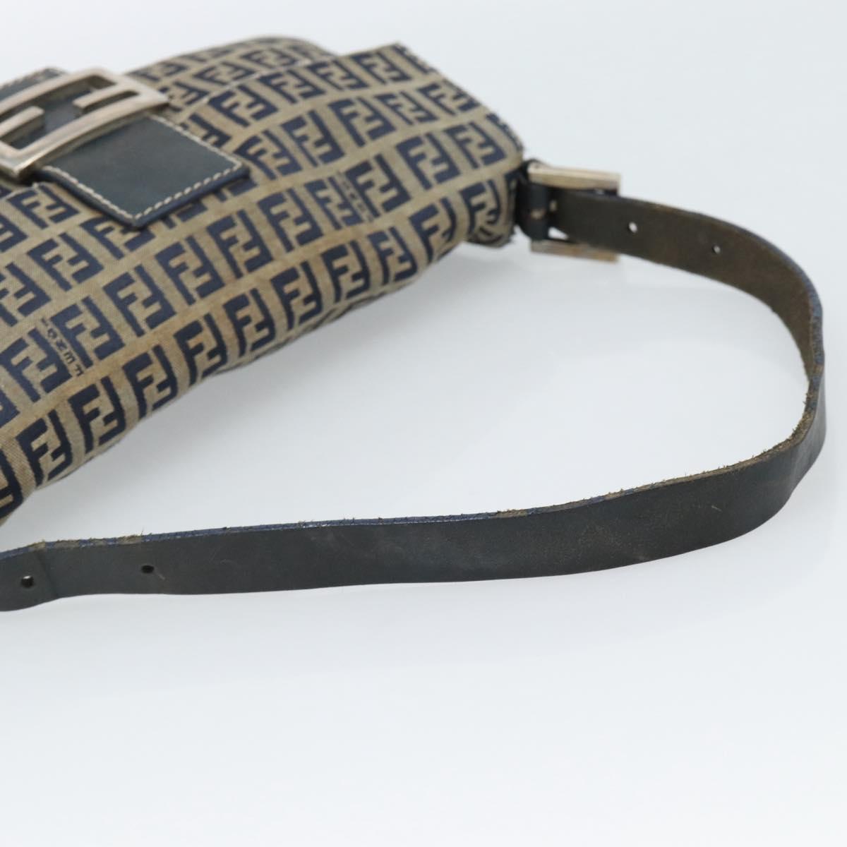 FENDI Zucchino Canvas Mamma Baguette Shoulder Bag Navy Silver Auth 165203