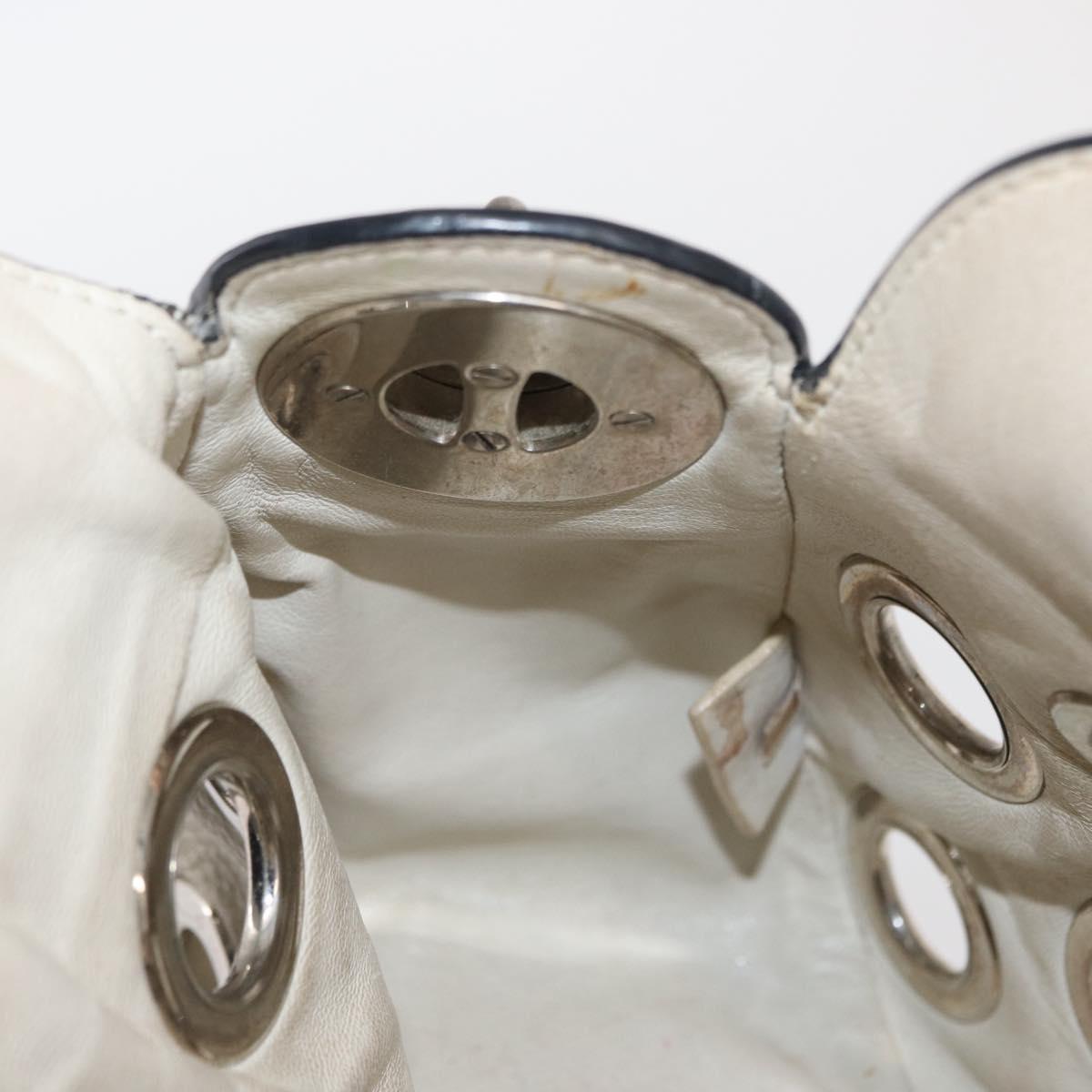 PRADA Grommet Punching Chain Hand Bag Leather Ivory Silver Auth 165205