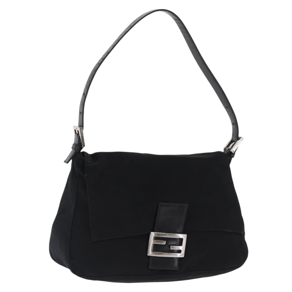 FENDI Mamma Baguette Shoulder Bag Nylon Black Silver Auth 165232