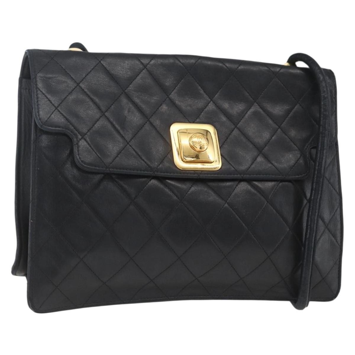 CHANEL Matelasse Shoulder Bag Lamb Skin Black Gold CC Auth 165240