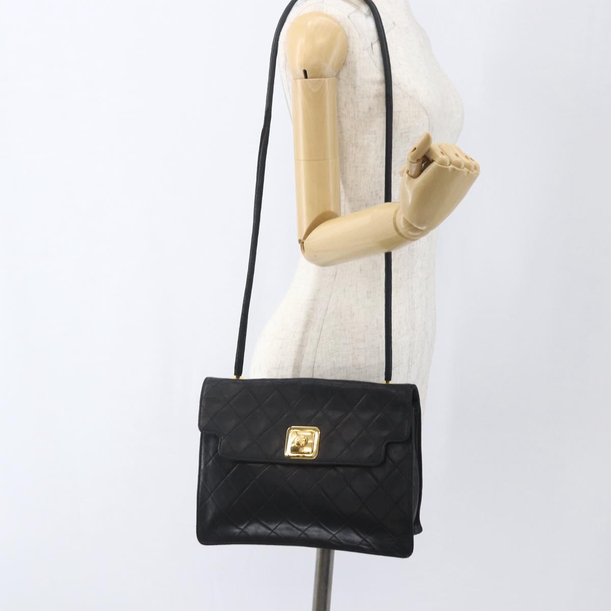 CHANEL Matelasse Shoulder Bag Lamb Skin Black Gold CC Auth 165240