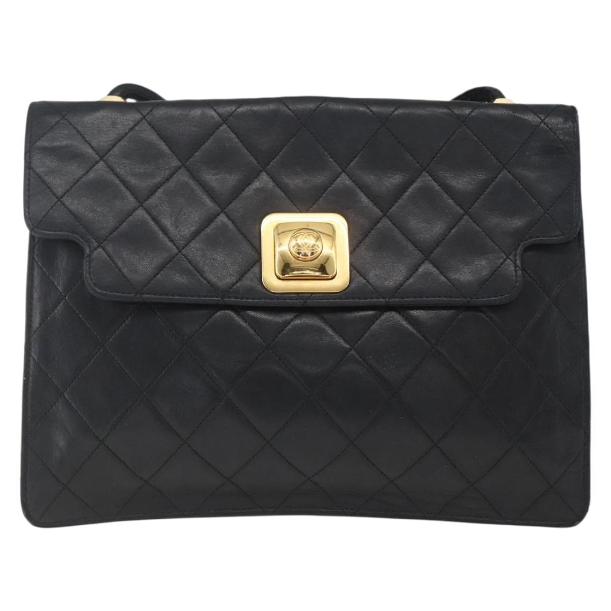 CHANEL Matelasse Shoulder Bag Lamb Skin Black Gold CC Auth 165240