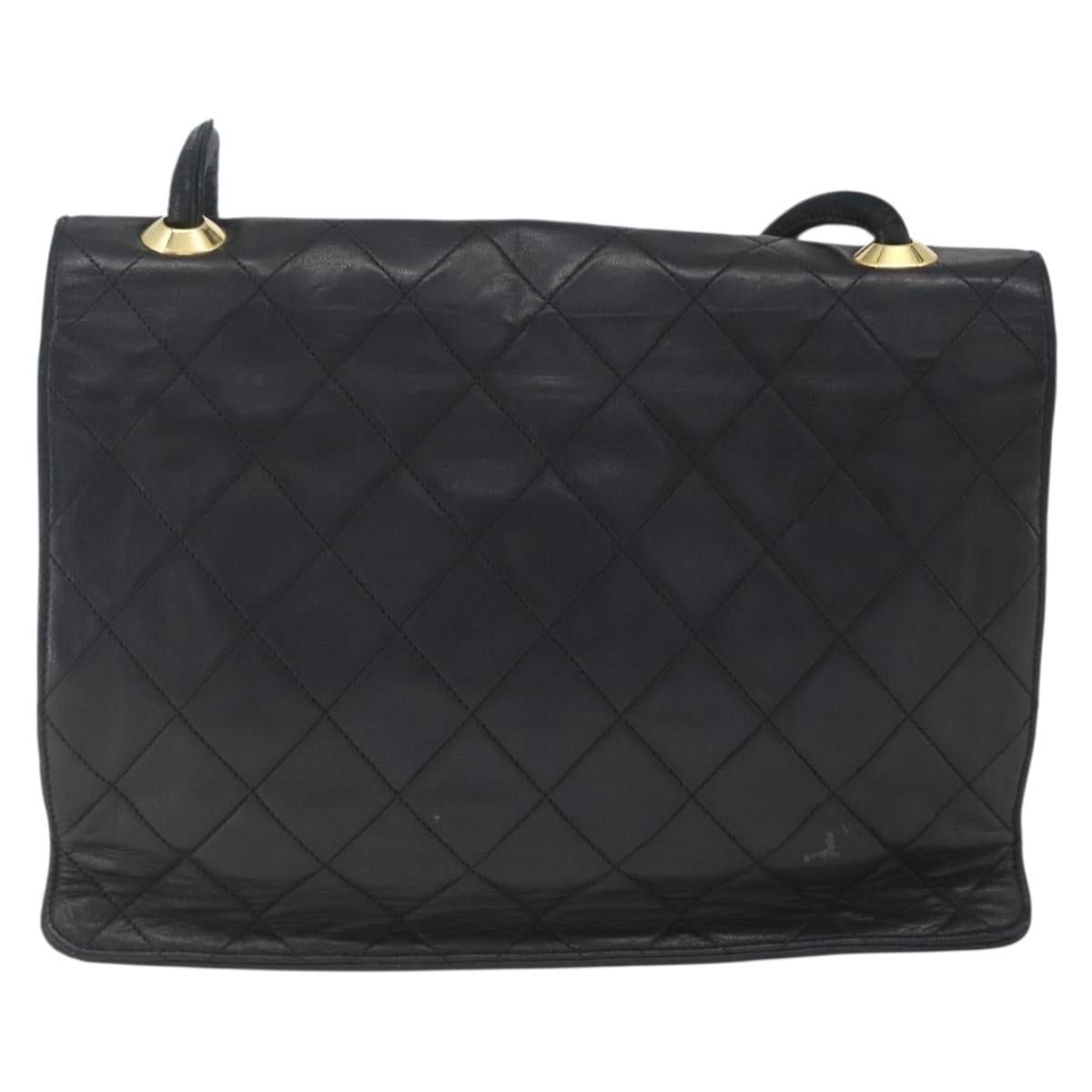 CHANEL Matelasse Shoulder Bag Lamb Skin Black Gold CC Auth 165240