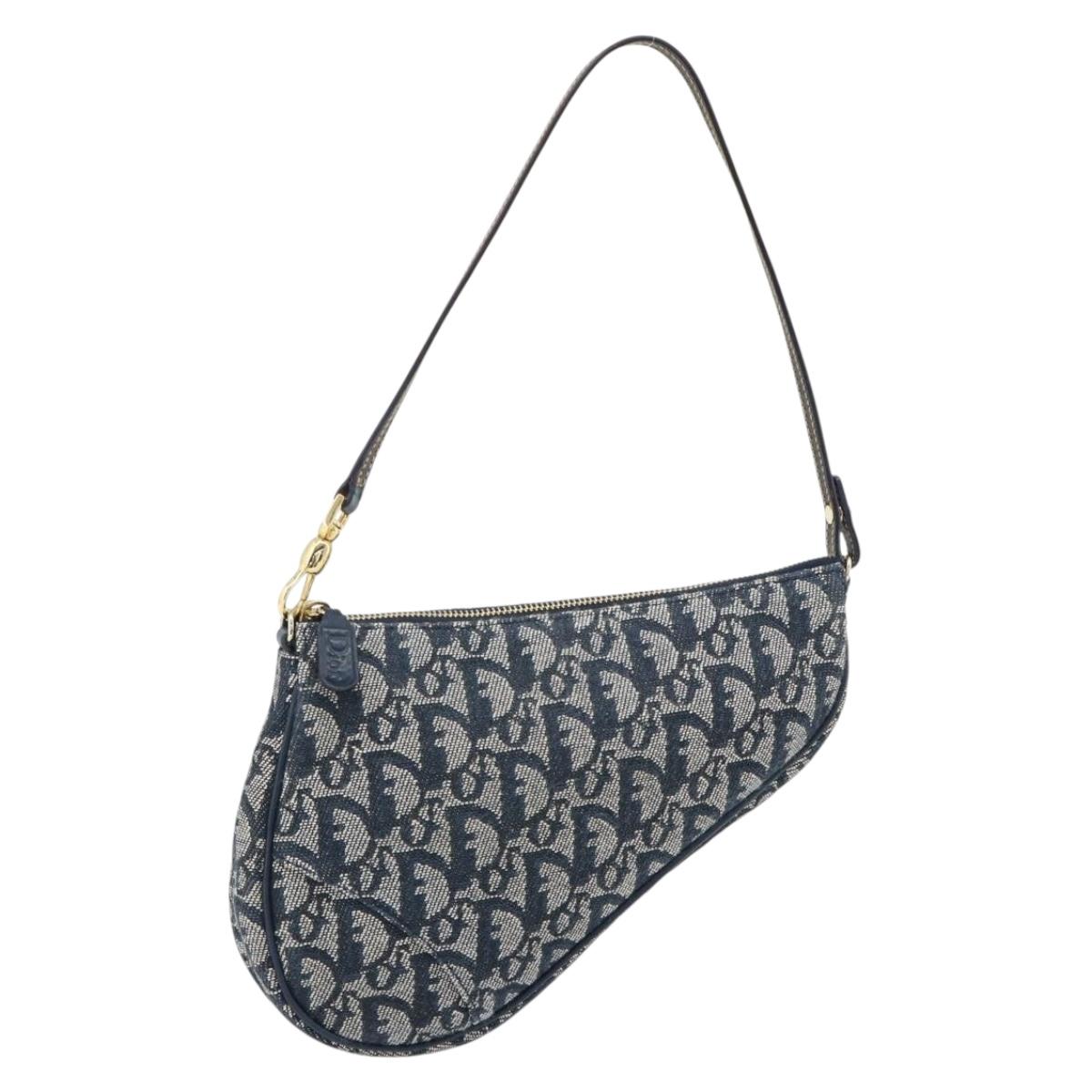 Christian Dior Trotter Canvas Saddle Pouch Navy Gold Auth 165254V