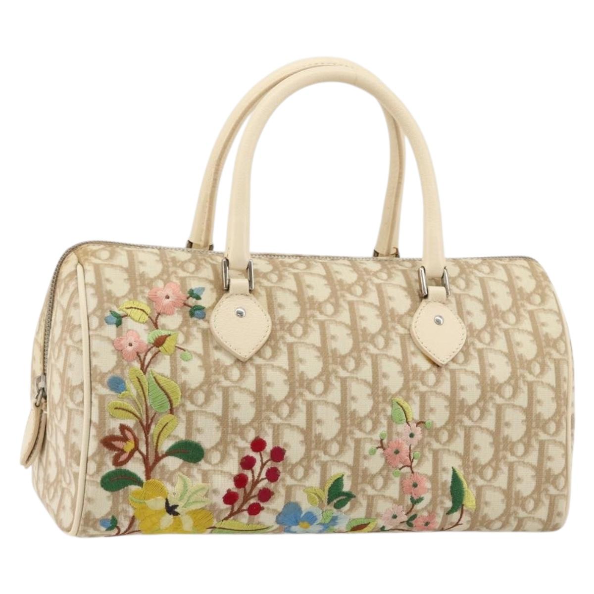 Christian Dior Trotter Canvas Romantic Hand Bag PVC Beige Silver Auth 165275V
