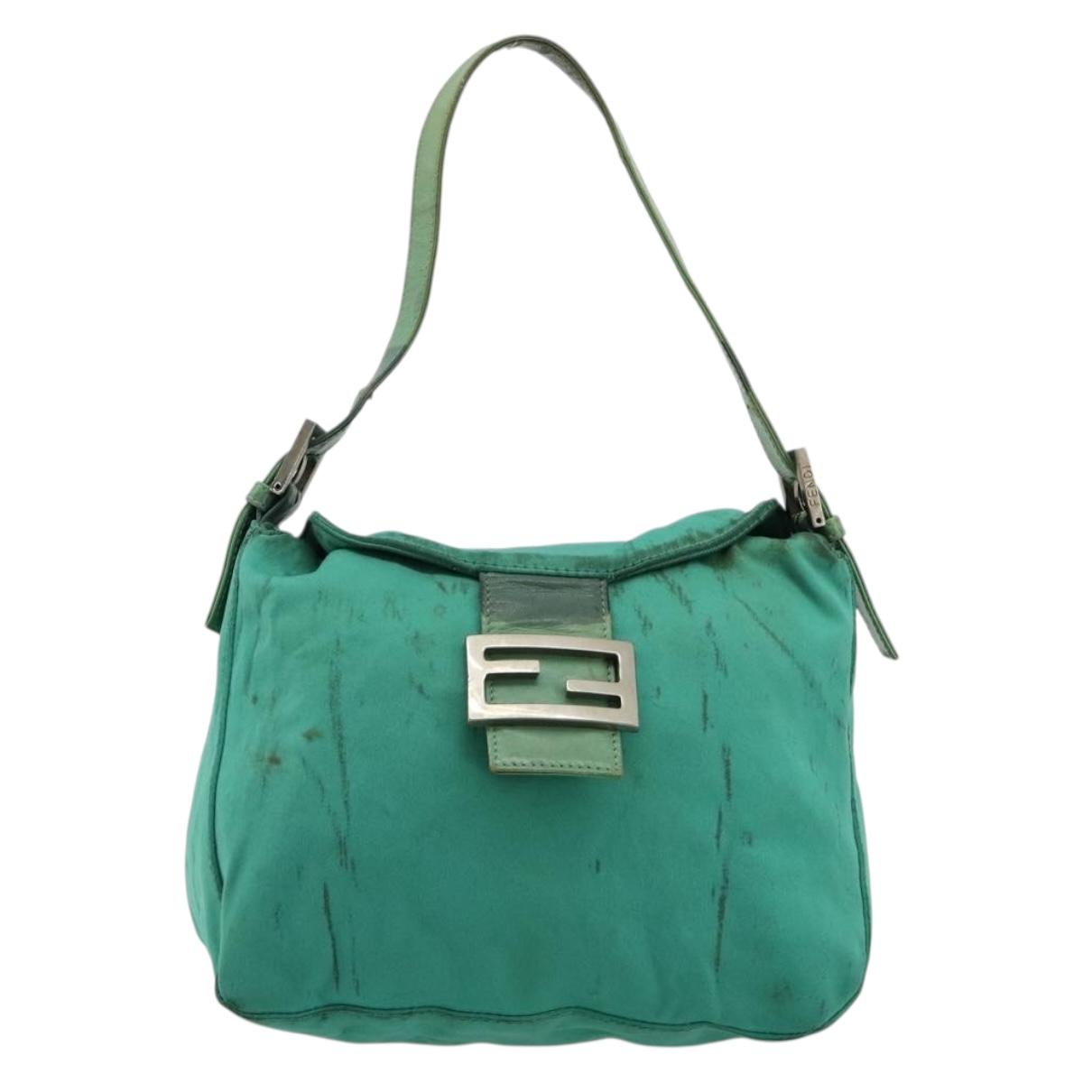 FENDI Mamma Baguette Shoulder Bag Nylon Turquoise Blue Silver Auth 165293