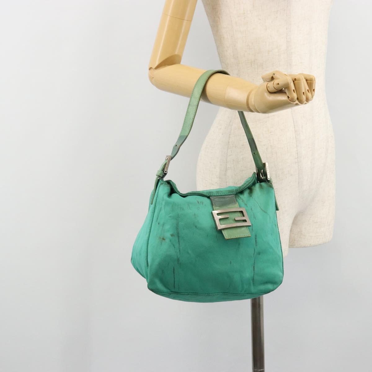 FENDI Mamma Baguette Shoulder Bag Nylon Turquoise Blue Silver Auth 165293