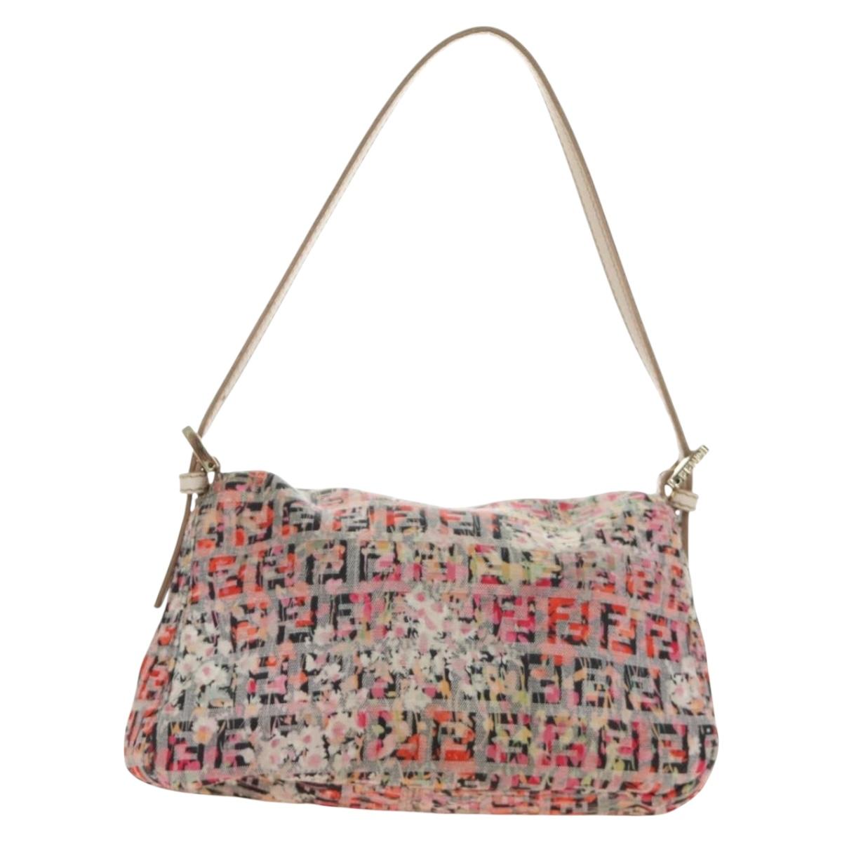 FENDI Zucchino Canvas Mamma Baguette Shoulder Bag Pink Gold Auth 165298SAV