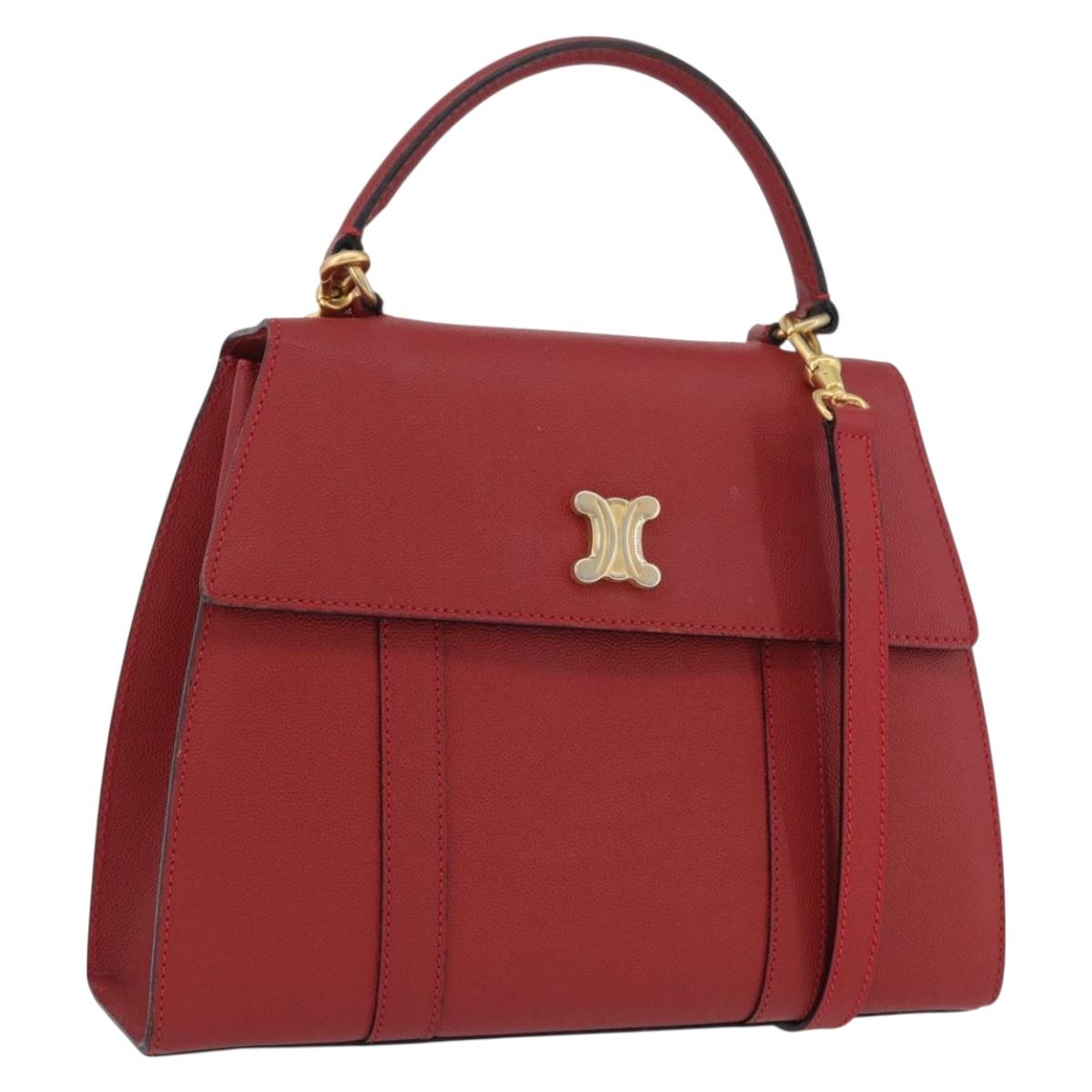 CELINE Hand Bag Leather 2way Red Gold Auth 165350