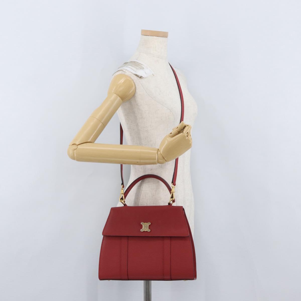 CELINE Hand Bag Leather 2way Red Gold Auth 165350