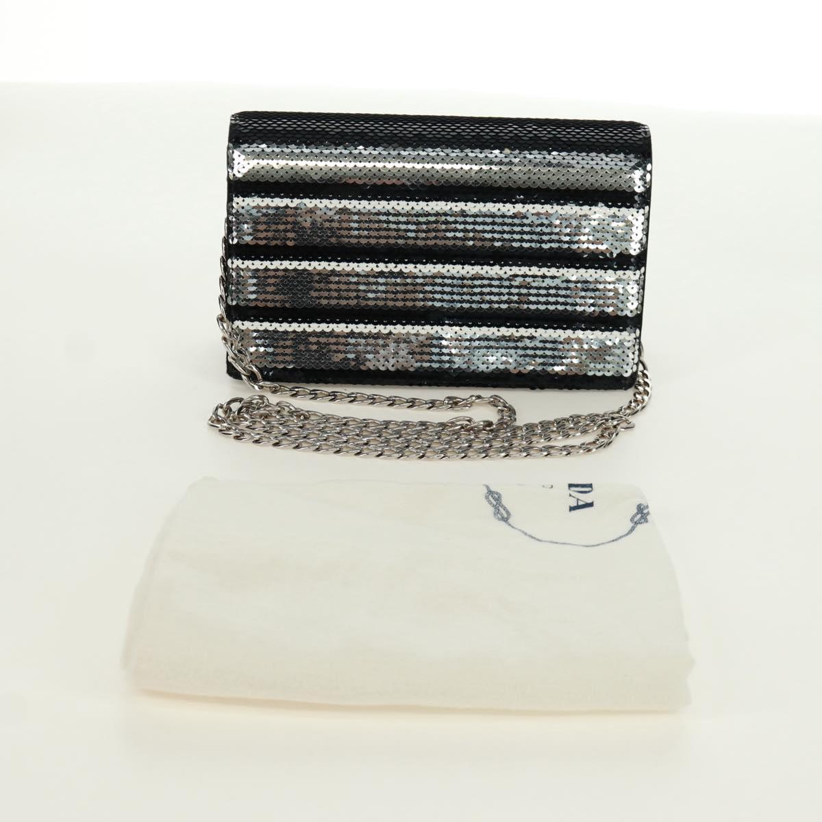 PRADA Chain Sequin Shoulder Bag Leather Black Silver Auth 165358