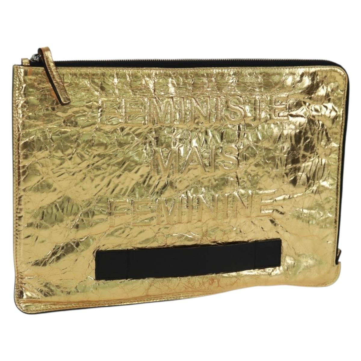 CHANEL Clutch Bag Leather Gold CC Auth 165360M