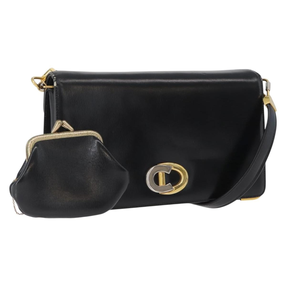 Christian Dior Shoulder Bag Calf Skin Black Gold Auth 165366