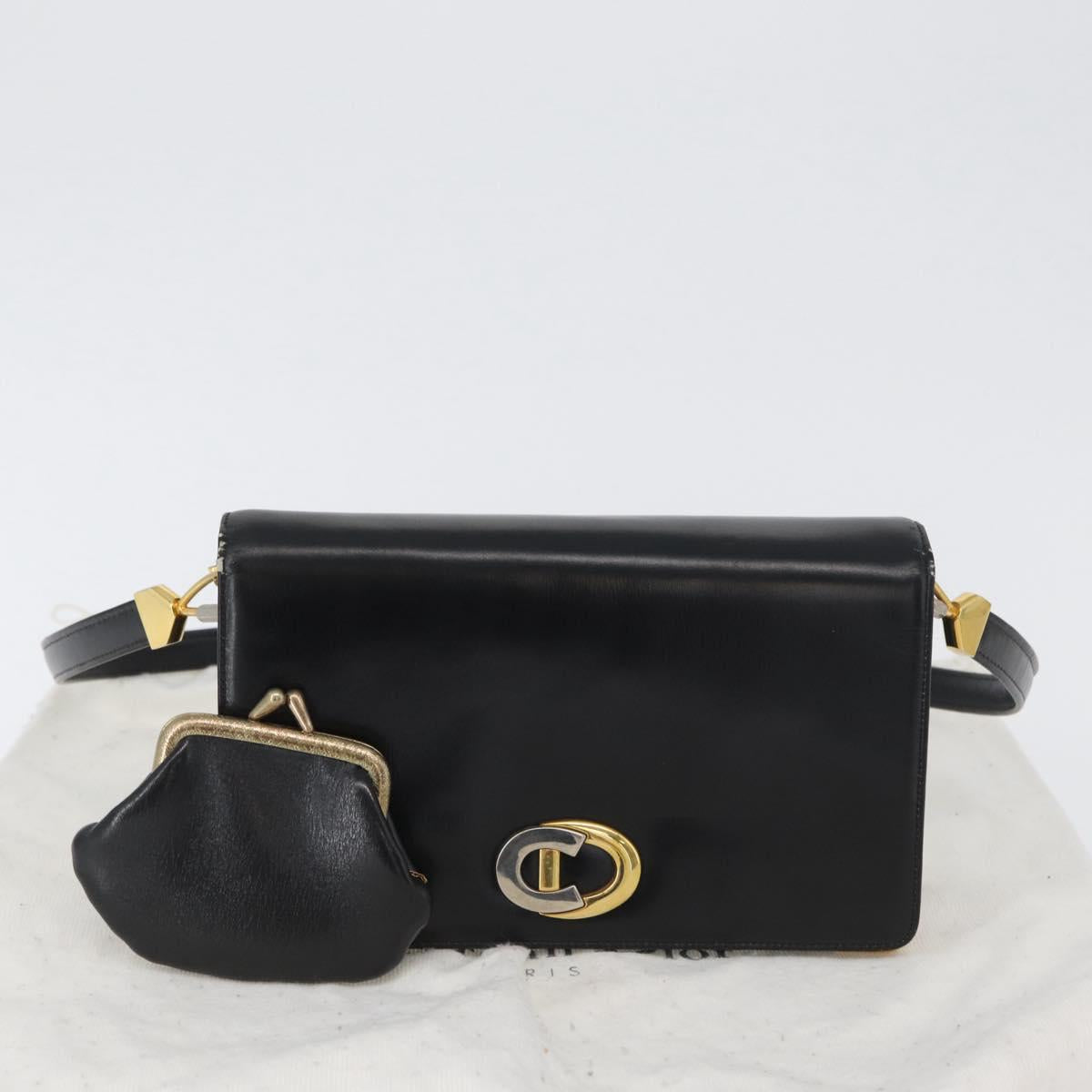 Christian Dior Shoulder Bag Calf Skin Black Gold Auth 165366