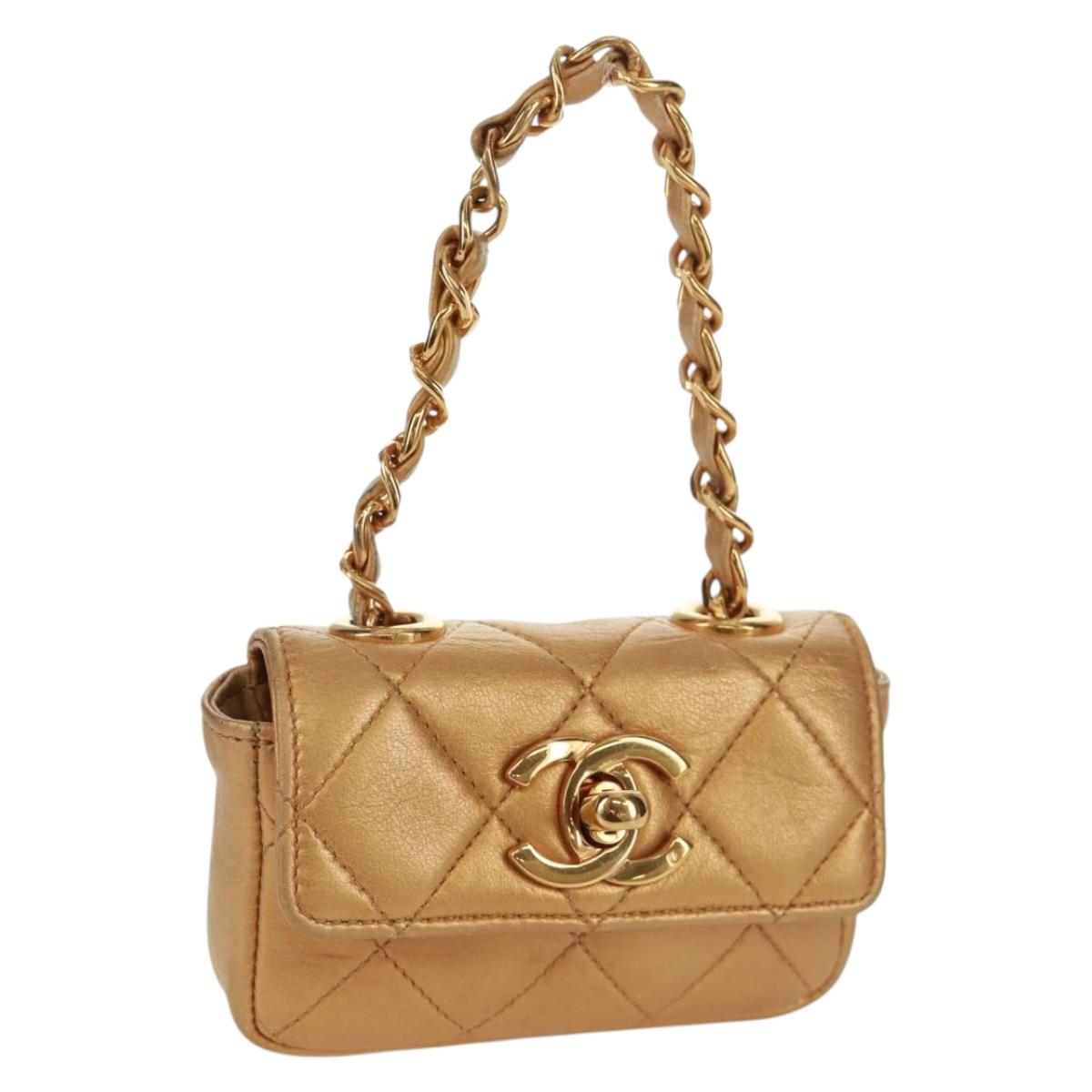 CHANEL Mini Matelasse 10 Chain Handle Pouch Lamb Skin Gold CC Auth 165375V