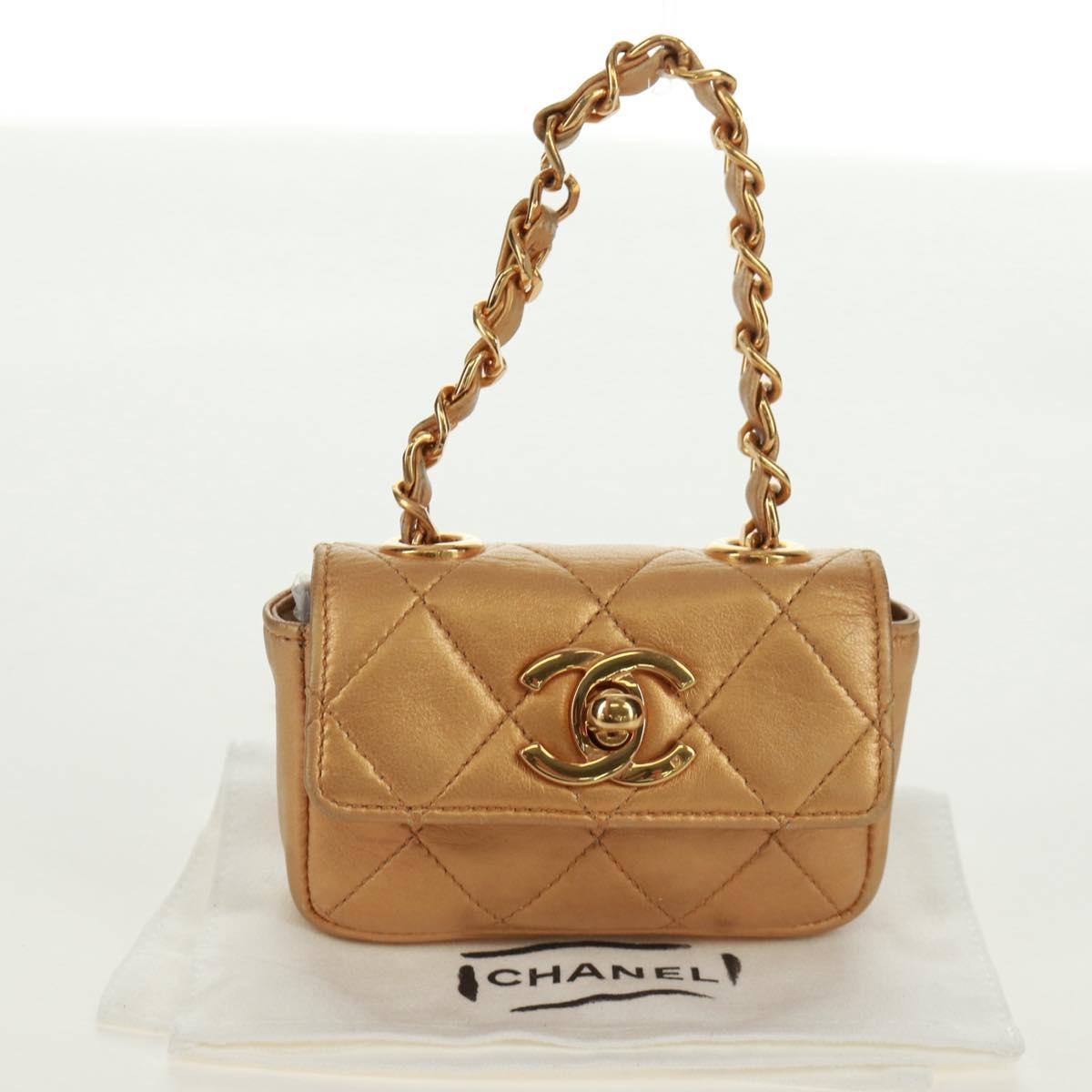 CHANEL Mini Matelasse 10 Chain Handle Pouch Lamb Skin Gold CC Auth 165375V
