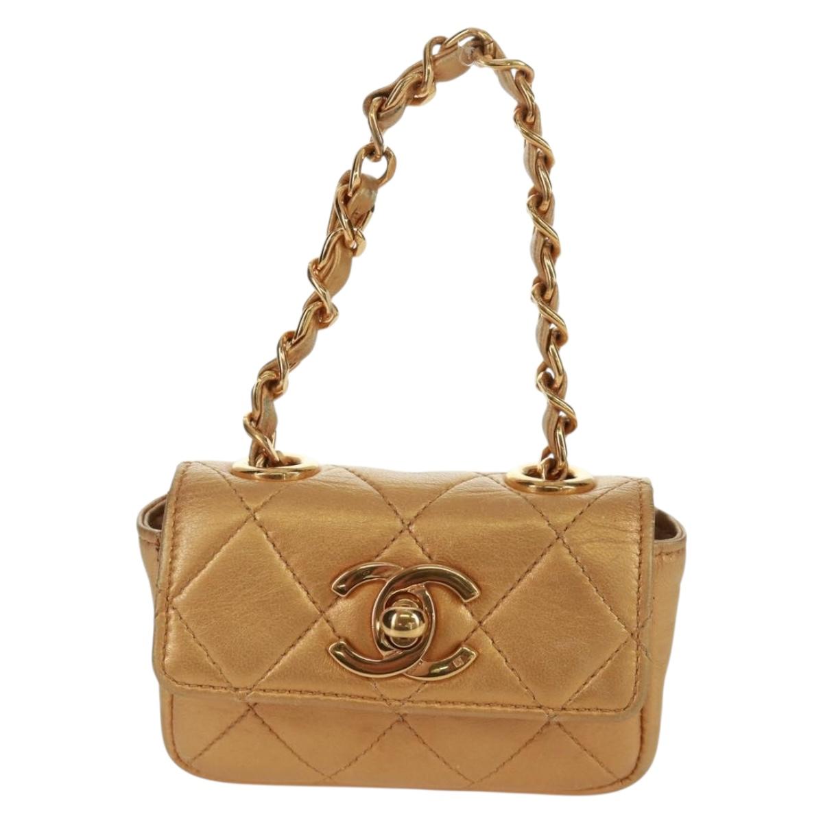 CHANEL Mini Matelasse 10 Chain Handle Pouch Lamb Skin Gold CC Auth 165375V
