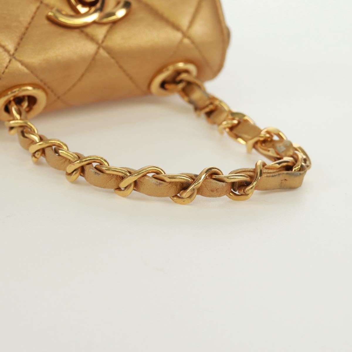 CHANEL Mini Matelasse 10 Chain Handle Pouch Lamb Skin Gold CC Auth 165375V
