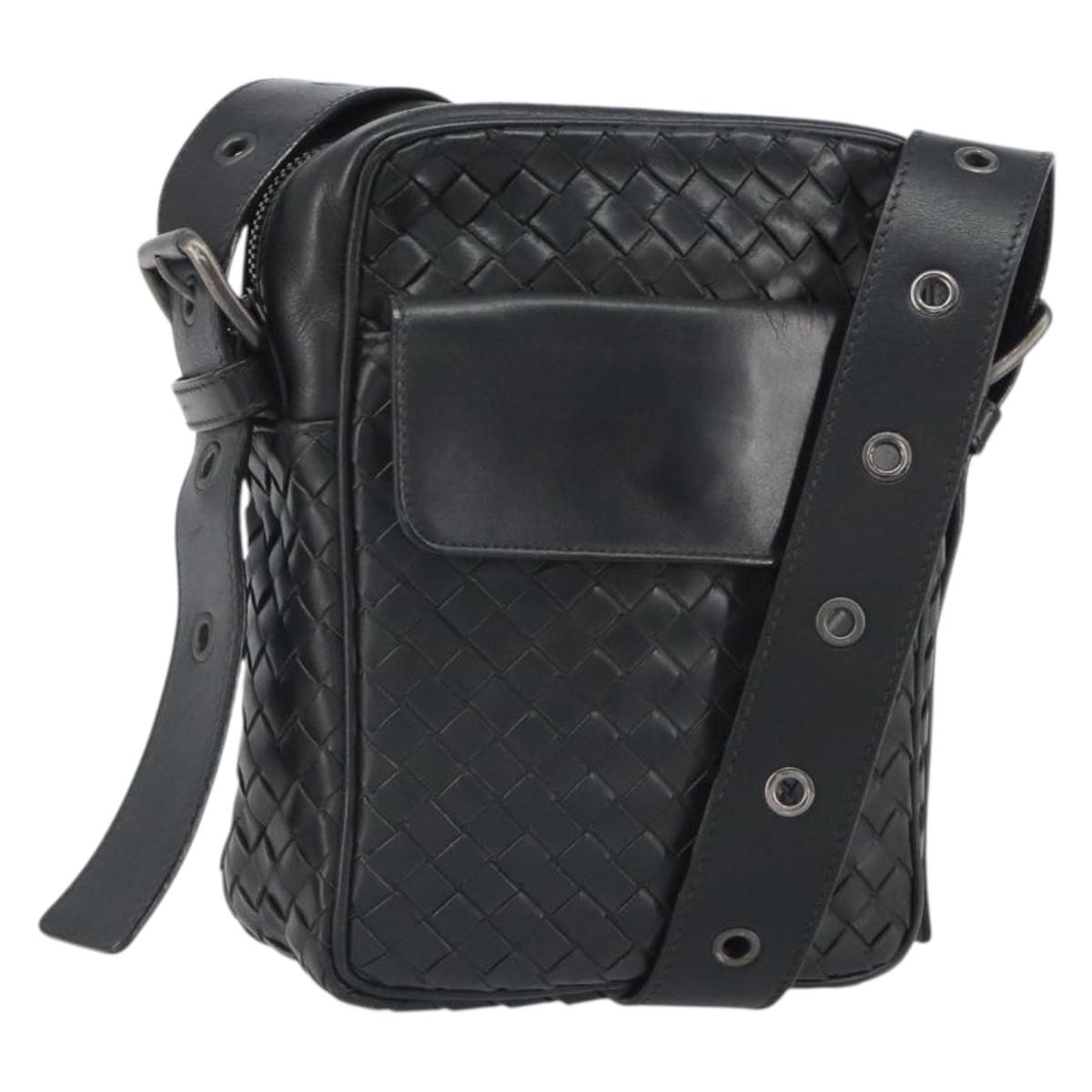 BOTTEG AVENETA INTRECCIATO Shoulder Bag Leather Black Silver Auth 165410